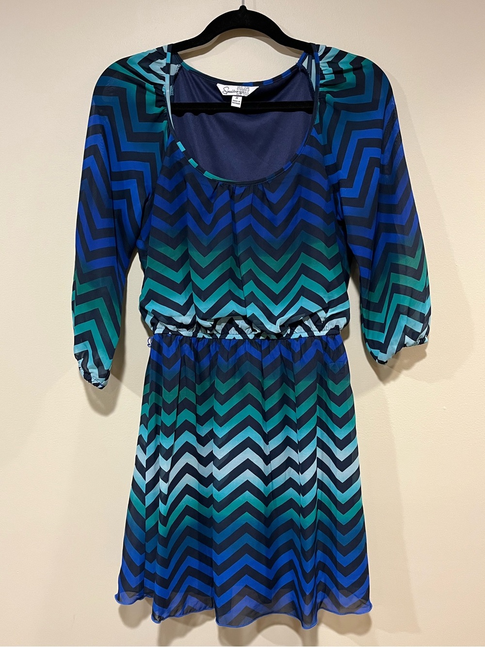 Chevron Ombre Blue & Teal 3/4 Sleeve Fit-and-Flare Dress